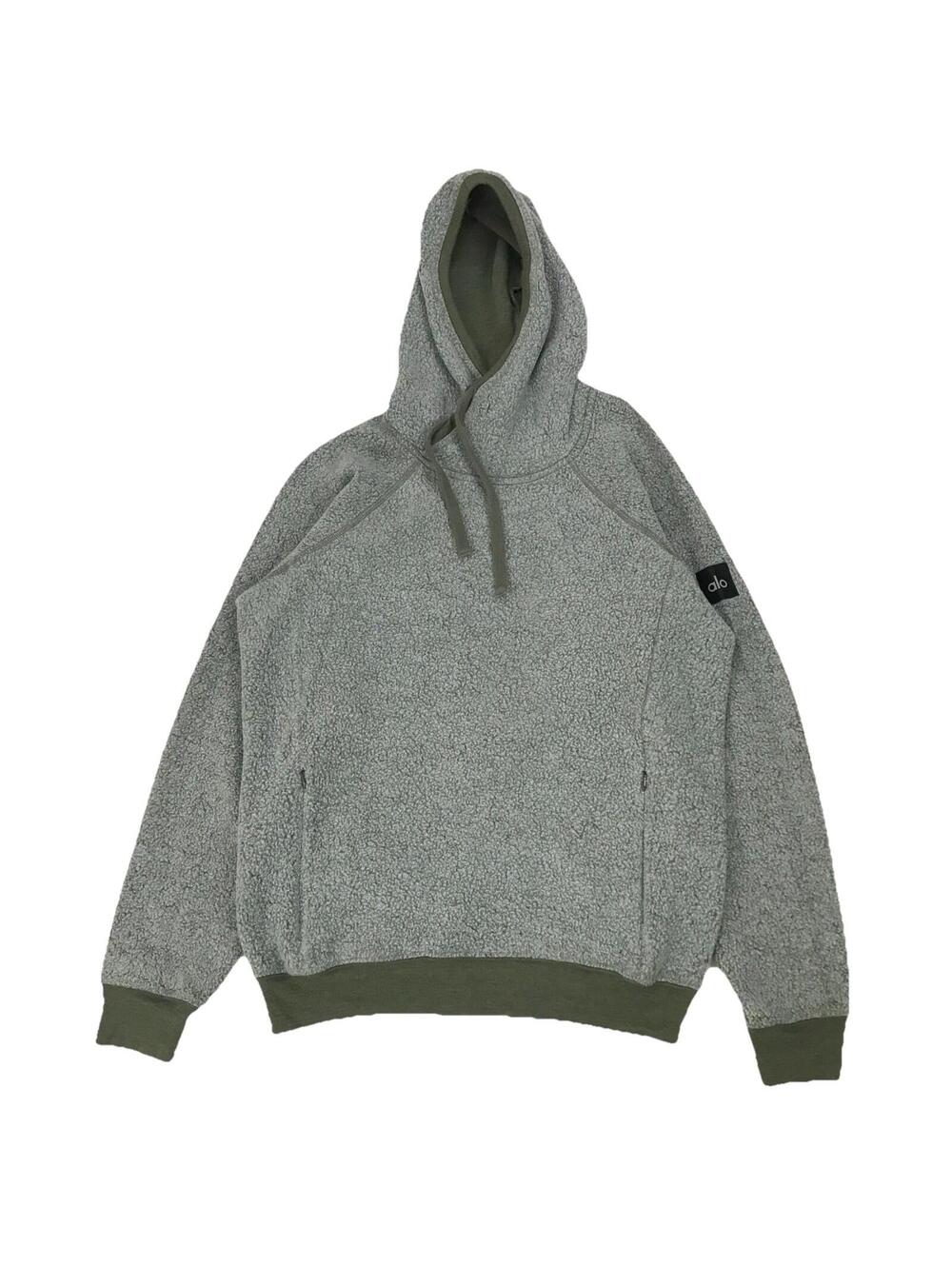 ALO Yoga Men's Heather Gray Sherpa Hoodie with Olive Accents
